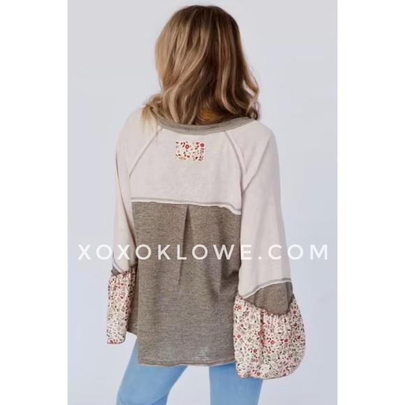 POL Olive + Cream Floral Sleeve Half Button Henley Top - Picture 8 of 16